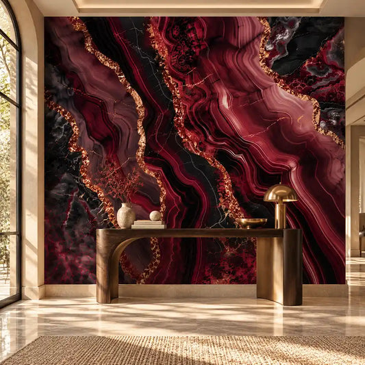 Burgundy Noir Agate Wall Mural – Dark Luxury Peel-and-Stick Bedroom Accent Design