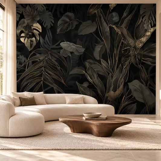 Black and Gold Tropical Leaves Wallpaper – Luxury Peel-and-Stick Bedroom Design