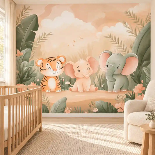 Cute Safari Animals Nursery Wall Mural β Peel-and-Stick Large Kids Room Design
