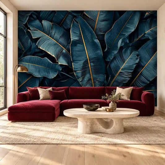 Midnight Blue Tropics Wallpaper – Bold Dark Peel-and-Stick Bedroom Accent Design