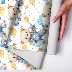 Space Bear Kids Nursery Wallpaper – Denim Blue Boys Room Peel-and-Stick Design