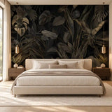 Black and Gold Tropical Leaves Wallpaper – Luxury Peel-and-Stick Bedroom Design