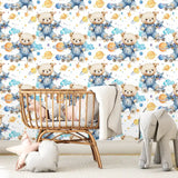 Space Bear Kids Nursery Wallpaper – Denim Blue Boys Room Peel-and-Stick Design