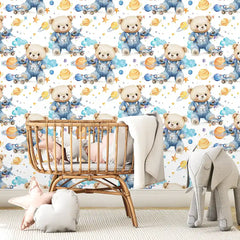 Space Bear Kids Nursery Wallpaper – Denim Blue Boys Room Peel-and-Stick Design