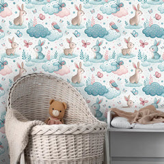 Dream Bunnies Nursery Wallpaper – Pastel Teal Peel-and-Stick Removable Design