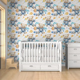Space Bear Kids Nursery Wallpaper – Denim Blue Boys Room Peel-and-Stick Design