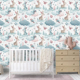 Dream Bunnies Nursery Wallpaper – Pastel Teal Peel-and-Stick Removable Design