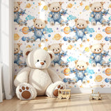 Space Bear Kids Nursery Wallpaper – Denim Blue Boys Room Peel-and-Stick Design