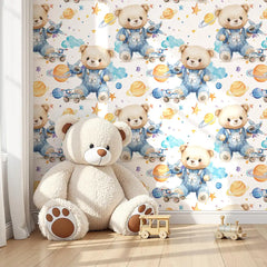 Space Bear Kids Nursery Wallpaper – Denim Blue Boys Room Peel-and-Stick Design