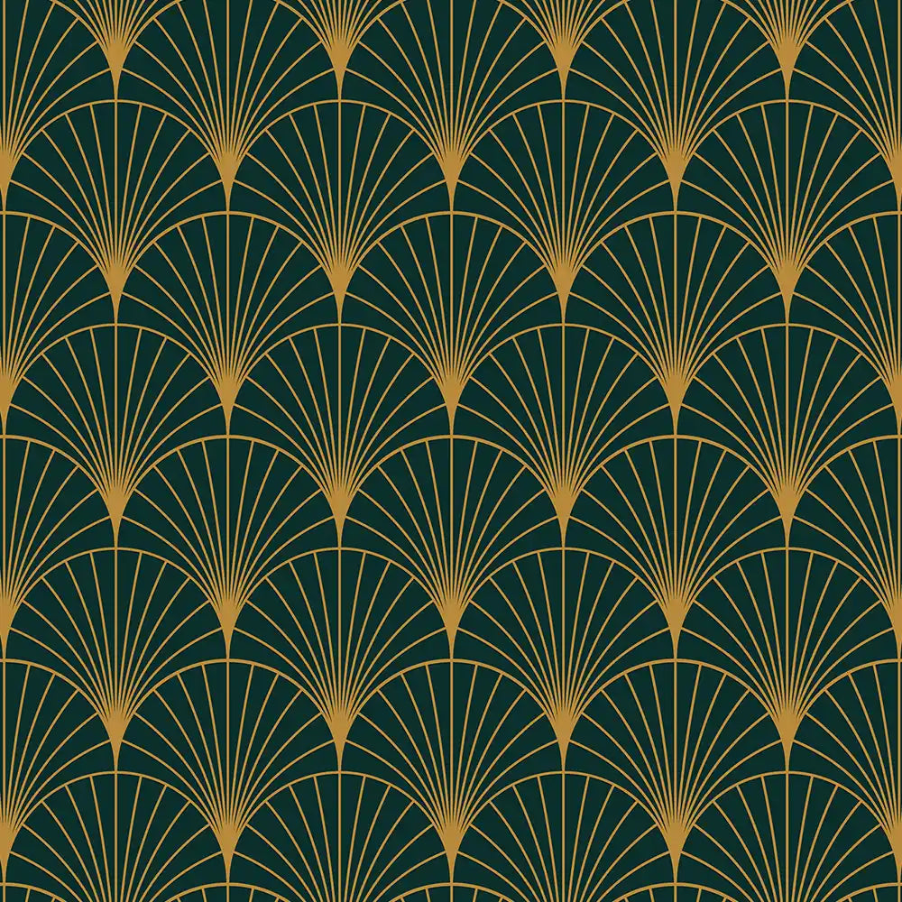 Charcoal geometric Art Deco fan pattern peel-and-stick wallpaper for bedroom or living room