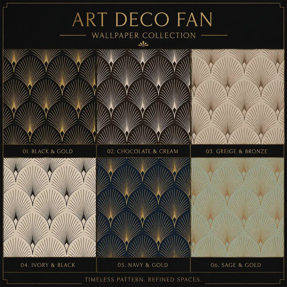 Black and gold glamorous Art Deco fan geometric peel-and-stick wallpaper for bedroom accent wall