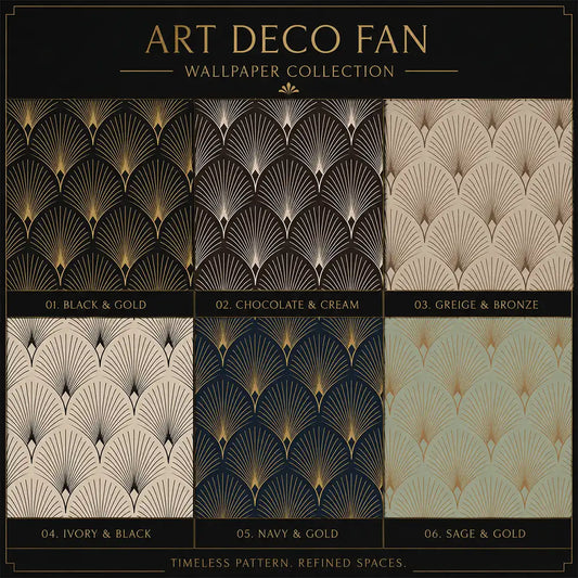 Black and gold glamorous Art Deco fan geometric peel-and-stick wallpaper for bedroom accent wall