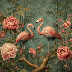 Blush pink flamingo garden peel-and-stick wall mural, dusty sage, large bedroom accent