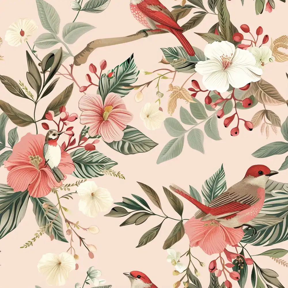 Blush pink romantic songbird garden peel-and-stick wallpaper for bedroom or living room accent