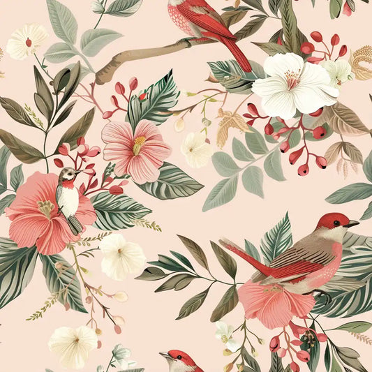 Blush pink romantic songbird garden peel-and-stick wallpaper for bedroom or living room accent