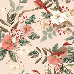 Blush pink romantic songbird garden peel-and-stick wallpaper for bedroom or living room accent