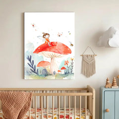 Fairy on Mushroom Nursery Canvas Art – Whimsical Kids Room Wall Decor