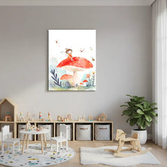 Fairy on Mushroom Nursery Canvas Art – Whimsical Kids Room Wall Decor