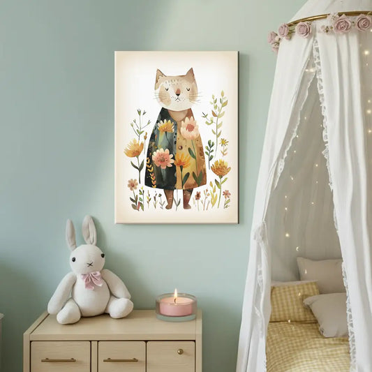 Floral Cat Nursery Canvas Art – Botanical Kids Room Wall Decor
