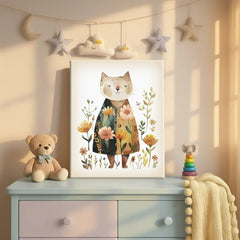 Floral Cat Nursery Canvas Art – Botanical Kids Room Wall Decor