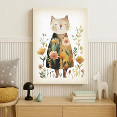 Floral Cat Nursery Canvas Art – Botanical Kids Room Wall Decor