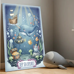 Narwhal Ocean Nursery Canvas Art – Illustrated Kids Room Wall Decor