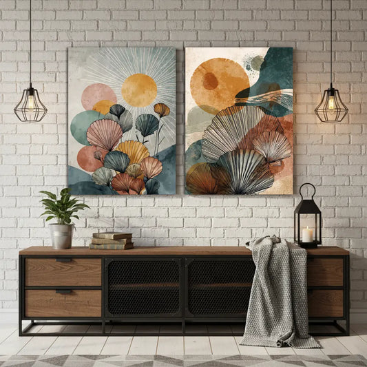 Sunlit Abstract Botanical Canvas Art – Modern Bedroom Living Room Wall Decor