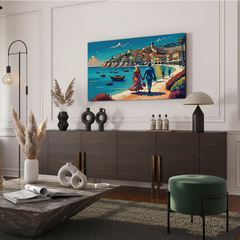Romantic Coastal Stroll Canvas Art – Impressionist Bedroom Living Room Wall Decor