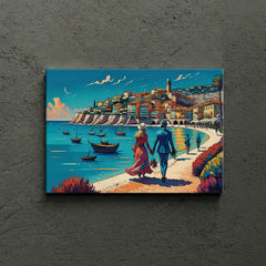 Romantic Coastal Stroll Canvas Art – Impressionist Bedroom Living Room Wall Decor