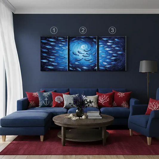 Deep Blue Swirl Ocean Fish Canvas Art – Coastal Bedroom Living Room Wall Decor