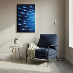 Deep Blue Swirl Ocean Fish Canvas Art – Coastal Bedroom Living Room Wall Decor