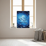 Deep Blue Swirl Ocean Fish Canvas Art – Coastal Bedroom Living Room Wall Decor