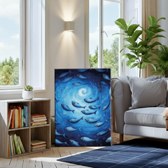 Deep Blue Swirl Ocean Fish Canvas Art – Coastal Bedroom Living Room Wall Decor