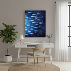 Deep Blue Swirl Ocean Fish Canvas Art – Coastal Bedroom Living Room Wall Decor
