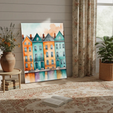 Colorful Townhouses Watercolor Cityscape Canvas Art – Bedroom Living Room Wall Decor