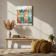 Colorful Townhouses Watercolor Cityscape Canvas Art – Bedroom Living Room Wall Decor