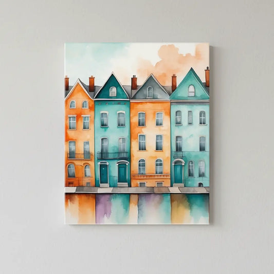 Colorful Townhouses Watercolor Cityscape Canvas Art