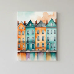 Colorful Townhouses Watercolor Cityscape Canvas Art – Bedroom Living Room Wall Decor