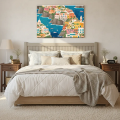 Colorful Seaside Mediterranean Coastal Town Canvas Art – Bedroom Wall Decor