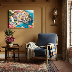 Colorful Seaside Mediterranean Coastal Town Canvas Art – Bedroom Wall Decor