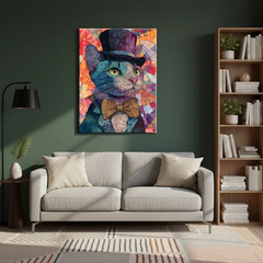 Elegant Cat in Top Hat Colorful Abstract Canvas Art – Bedroom Wall Decor