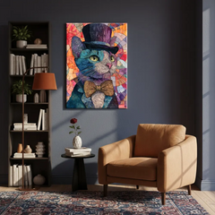 Elegant Cat in Top Hat Colorful Abstract Canvas Art – Bedroom Wall Decor