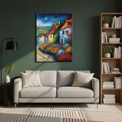 Colorful Village Landscape Canvas Art – Vibrant Bedroom Living Room Wall Decor