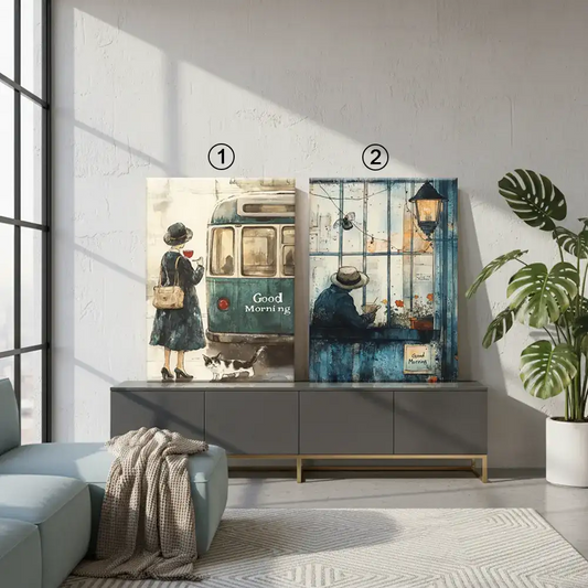 Vintage Morning Journey Retro Café Window Canvas Art