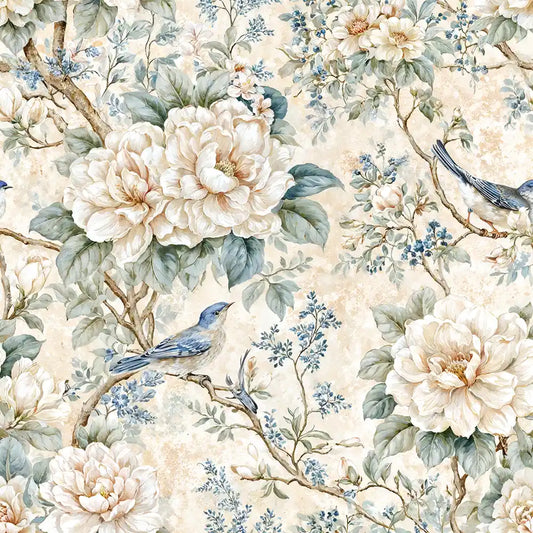 Blue Songbird Peony Chinoiserie Wallpaper