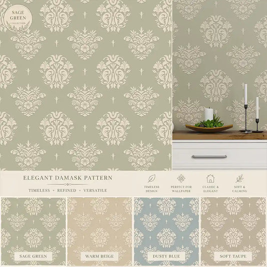 Sage green classic ornamental damask peel-and-stick wallpaper for bedroom or dining room