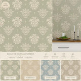 Sage green classic ornamental damask peel-and-stick wallpaper for bedroom or dining room