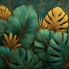 Emerald green and gold luxury tropical botanical peel-and-stick wall mural for bedroom