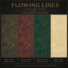 Noir gold abstract flowing lines peel-and-stick wallpaper for modern bedroom or office walls