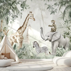 Jungle Safari Animals Wall Mural – Kids Room Peel-and-Stick Large Removable Design